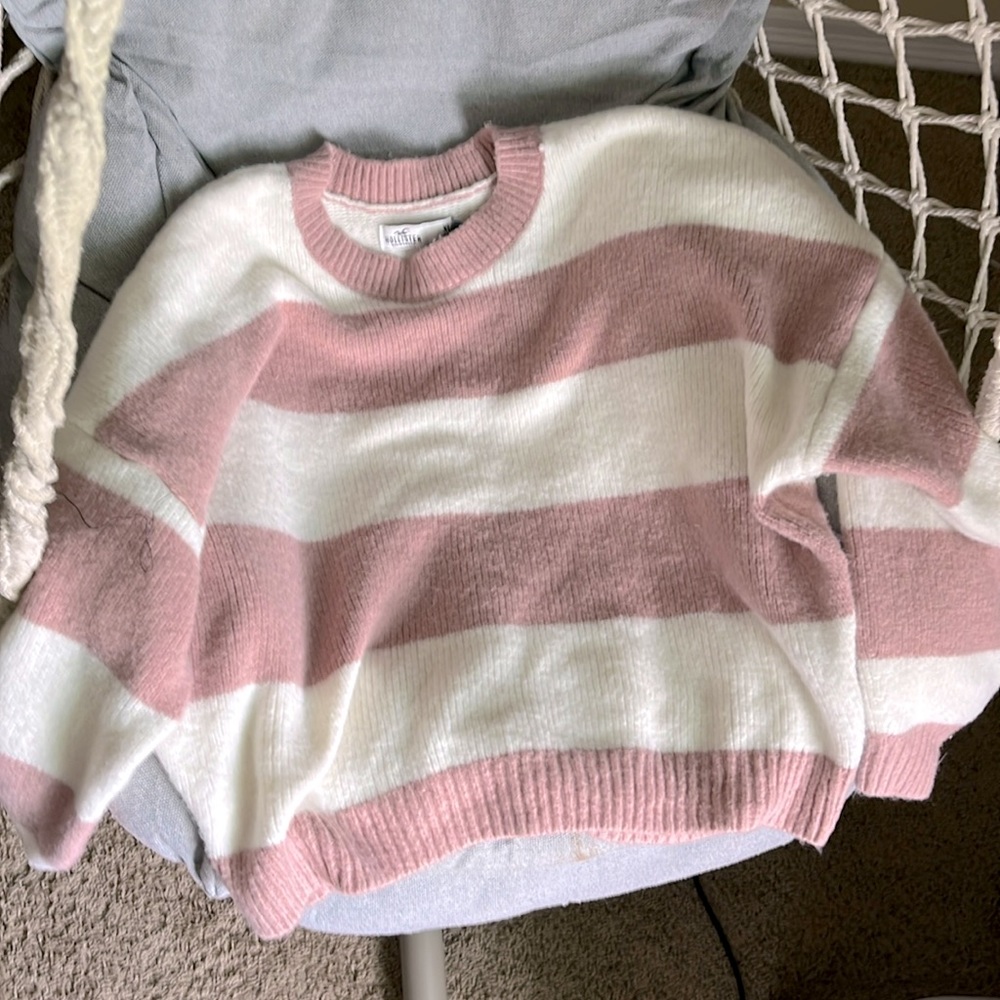 Hollister Pink and White Striped Sweater